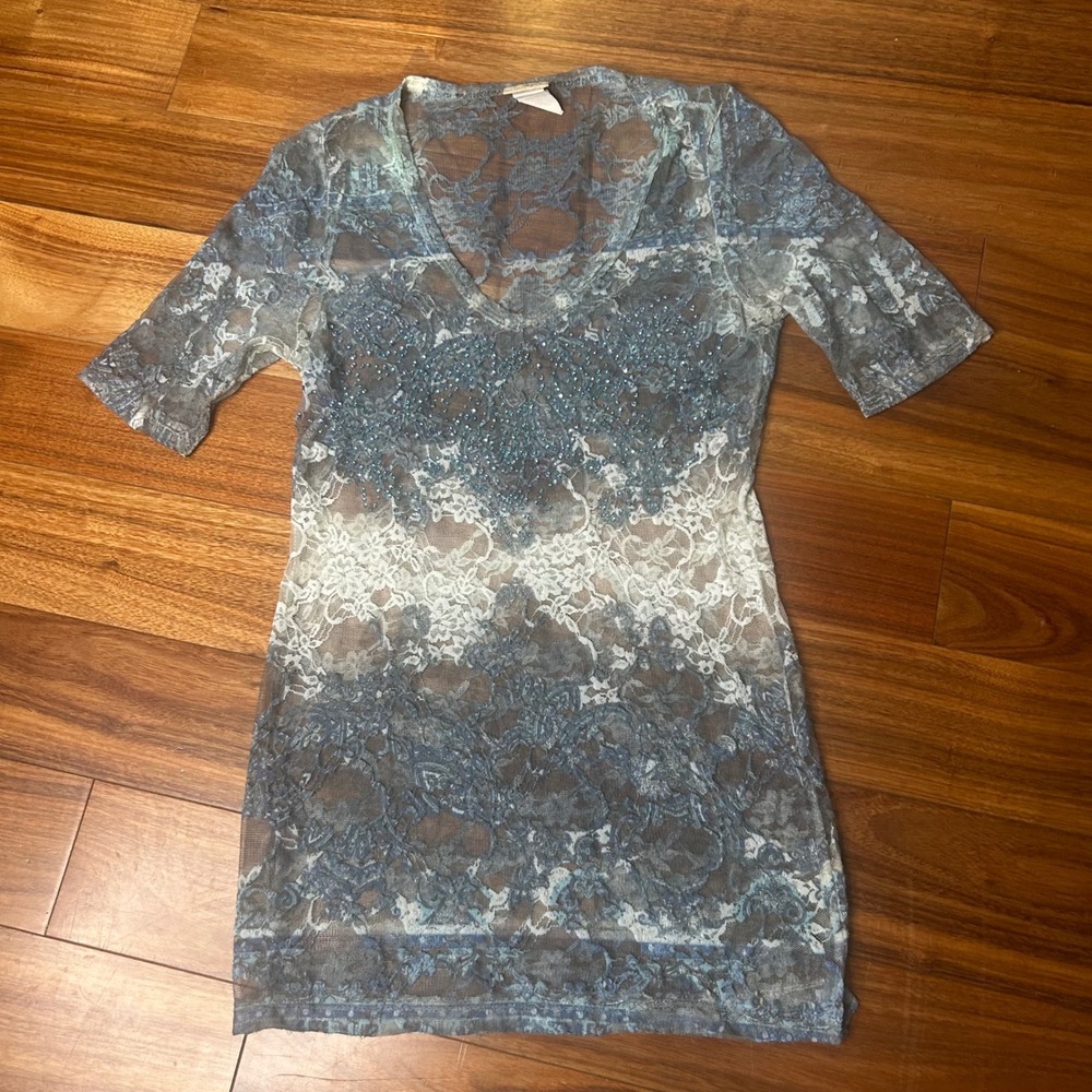 Daytrip Lace‎ Top Beaded Embellished Sheer Blue White Blouse Size Small